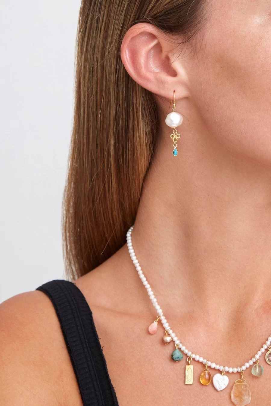 Chan Luu Women's White Pearl and Turquoise Loop Earrings – Boho Chic Handmade Jewelry